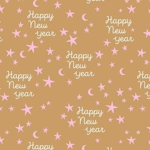 Happy 2023 - Handwritten magical happy new year night kids boho style design white pink on golden ochre yellow
