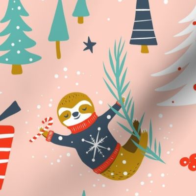 Slothy Holidays - Christmas Blush Pink Large Scale