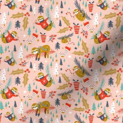 Slothy Holidays - Christmas Blush Pink Small Scale