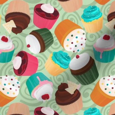 Cupcakes and Swirls Collection - Cupcakes on Green by JoyfulRose