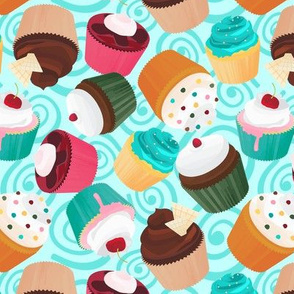 Cupcakes and Swirls Collection - Cupcakes on Blue by JoyfulRose