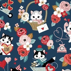 Small Scale / You’re so purrty! / Vintage Valentine Cats / Navy Background 