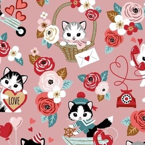 Small Scale / You’re so purrty! / Vintage Valentine Cats / Dusty Pink Background	