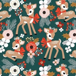 Small Scale / Vintage Christmas Fawn / Dark Green Background