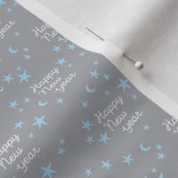 Happy 2024 - Handwritten magical happy new year night kids boho style design gray blue SMALL