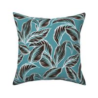 Tropical Leaf Barkcloth in Retro Blue - Medium