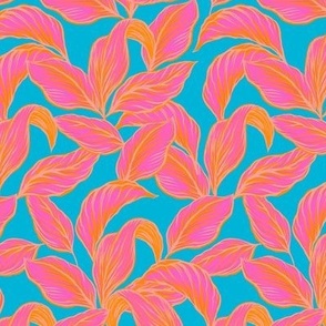 Bright Pink Tropical Leaves Barkcloth on Blue - Extra Small
