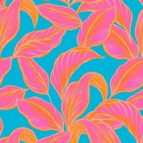 Bright Pink Tropical Leaves Barkcloth on Blue - Small