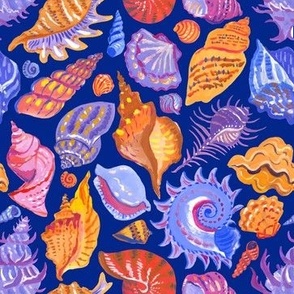 Bright hand-painted seashells on dark blue