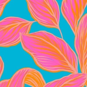 Bright Pink Tropical Leaves Barkcloth on Blue - Large