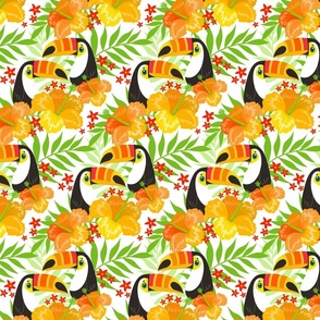 Toucan Bird Orange Flowers Green Leaves Tropical Jungle