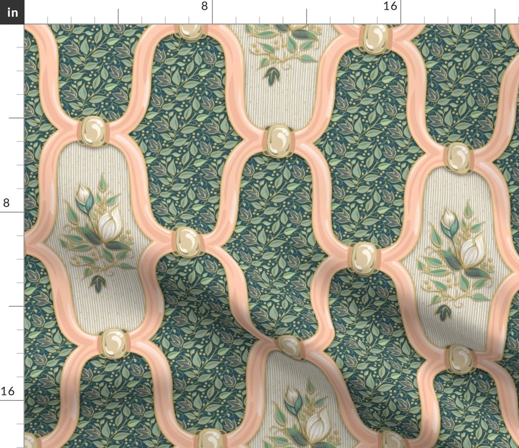 Sm Ogee Nouveau Blossoms - Peach + Cool Green Leaves