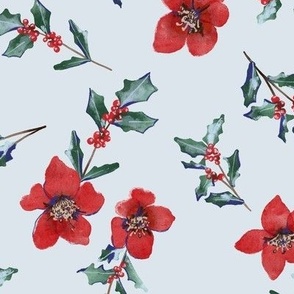 Red Christmas flowers on light blue