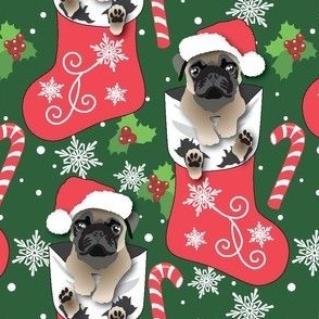 Chrishtms Stocking and Pug Puppies Large Print candy cane green red holly Pug dog
