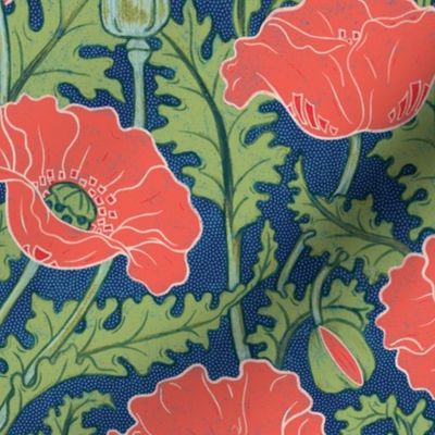 Vintage Poppy in vermilion red green blue