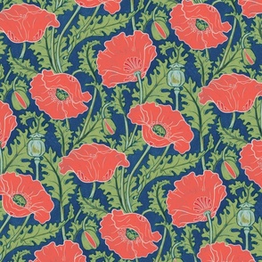 Vintage Poppy in vermilion red green blue