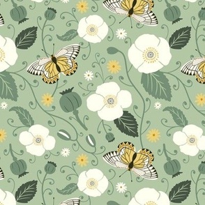 Butterfly Poppy Field Green Background (Small)