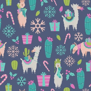 Christmas Llama with gifts and cactus