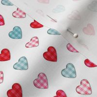 Gingham hearts in pink, red and teal on white