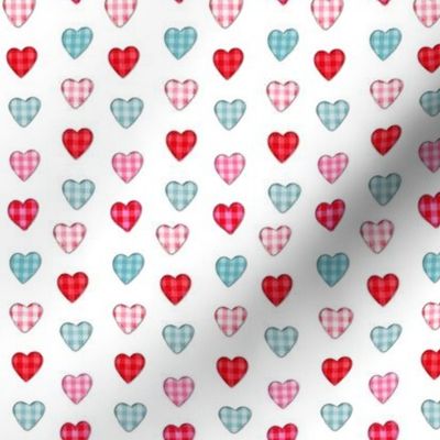 Gingham hearts in pink, red and teal on white