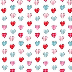 Gingham hearts in pink, red and teal on white