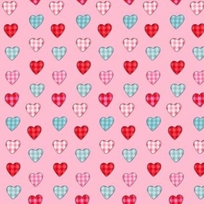 Gingham hearts in pink and red and teal 