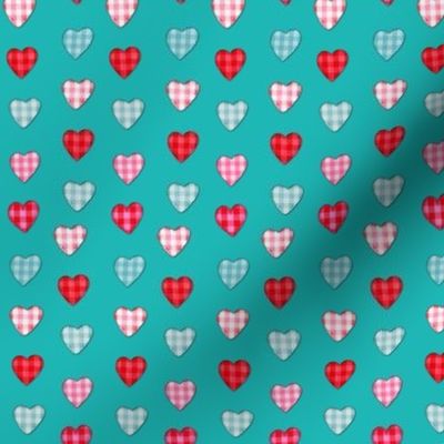 Gingham hearts in pink, red and teal 