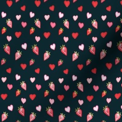 Hearts and strawberries on navy blue