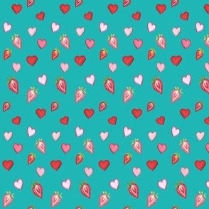 Pink and red Hearts and strawberries on teal