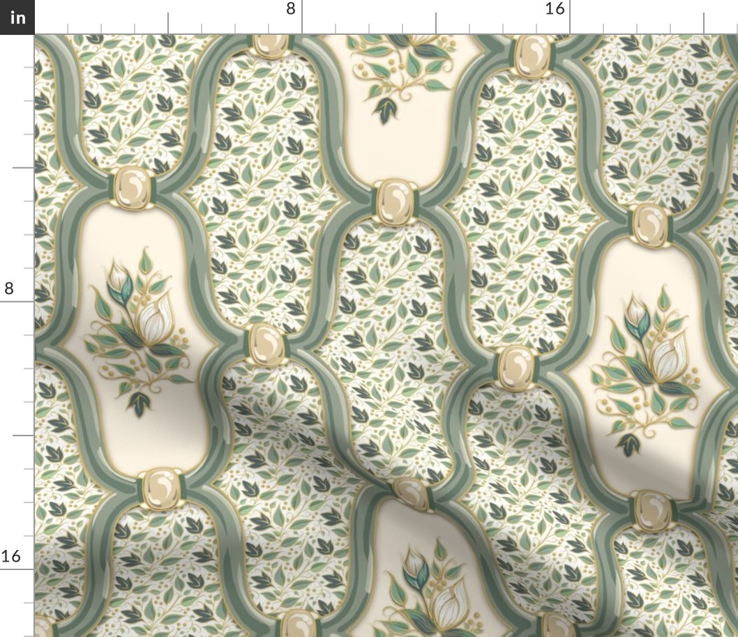 Sm Ogee Nouveau Blossom - Green-White-Cream Solid