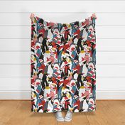 Large jumbo scale // Merry penguins //  black white grey dark teal yellow and coral type species of penguins red dressed for winter and Christmas (King, African, Emperor, Gentoo, Galápagos, Macaroni, Adèlie, Rockhopper, Yellow-eyed, Chinstrap)