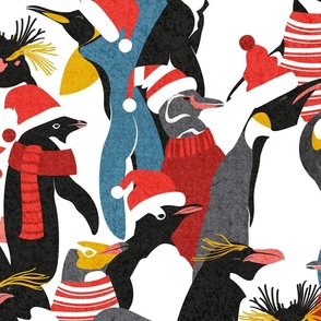 Large jumbo scale // Merry penguins //  black white grey dark teal yellow and coral type species of penguins red dressed for winter and Christmas (King, African, Emperor, Gentoo, Galápagos, Macaroni, Adèlie, Rockhopper, Yellow-eyed, Chinstrap)