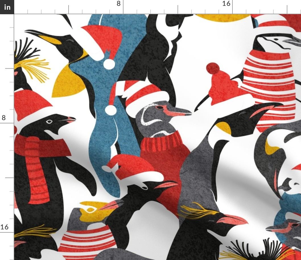 Large jumbo scale // Merry penguins //  black white grey dark teal yellow and coral type species of penguins red dressed for winter and Christmas (King, African, Emperor, Gentoo, Galápagos, Macaroni, Adèlie, Rockhopper, Yellow-eyed, Chinstrap)