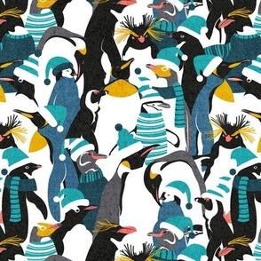 Small scale // Merry penguins //  black white grey dark teal yellow and coral type species of penguins teal dressed for winter and Christmas (King, African, Emperor, Gentoo, Galápagos, Macaroni, Adèlie, Rockhopper, Yellow-eyed, Chinstrap)
