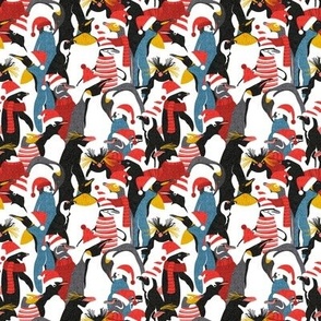 Tiny scale // Merry penguins //  black white grey dark teal yellow and coral type species of penguins red dressed for winter and Christmas (King, African, Emperor, Gentoo, Galápagos, Macaroni, Adèlie, Rockhopper, Yellow-eyed, Chinstrap)