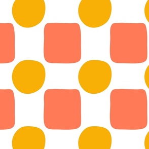 Large Geometric Papaya and Marigold Circles and Squares on White Ground Non Directional
