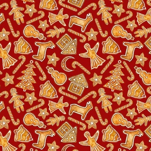 Watercolour Christmas pattern, Christmas cookies, red background.