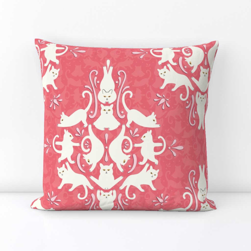 Romantic Cat Damask - valentines cats, yoga cats, light pink, coral