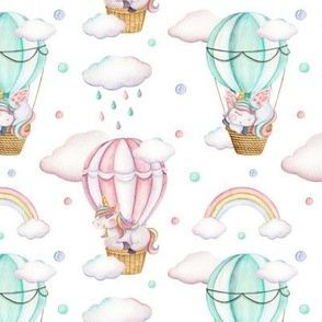 Cute unicorns and air balloons. White background