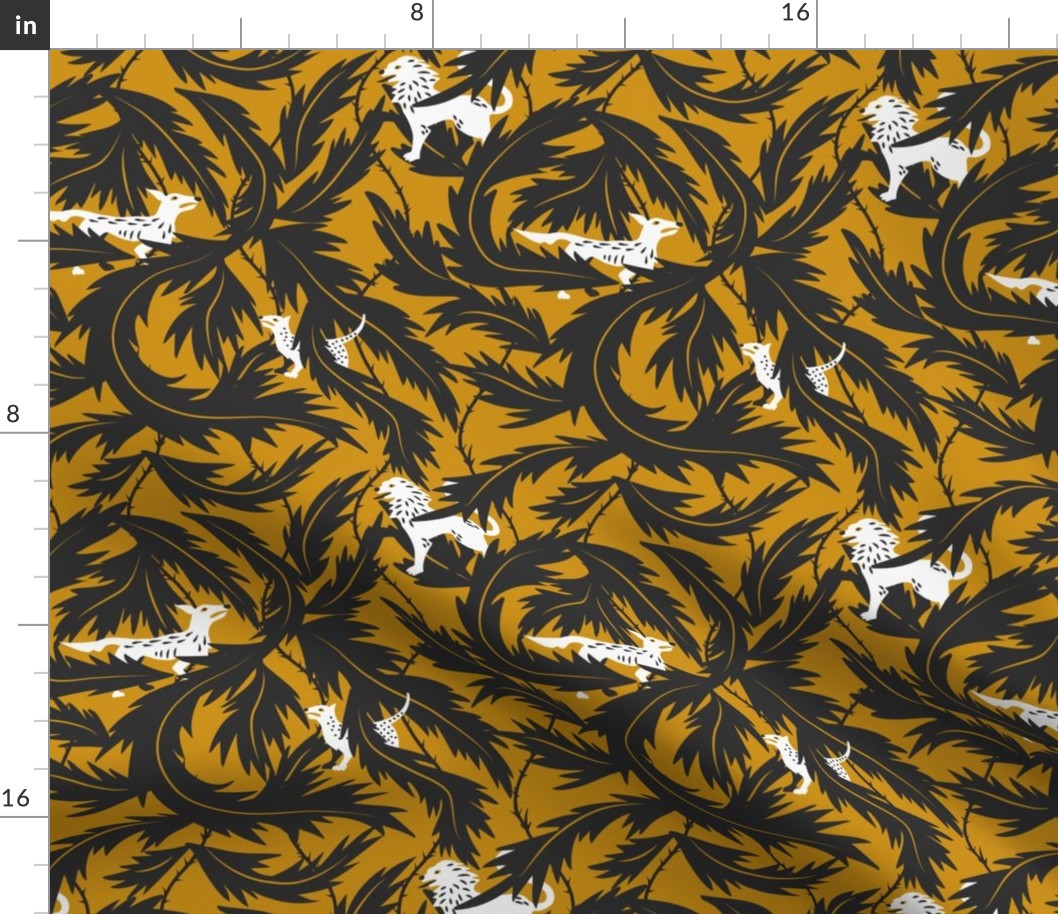 Historical Victorian Forest with Animals on a Gold Mustard Yellow background