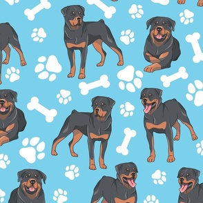 Rottweilers Paws and Bones Blue Background - Large Scale
