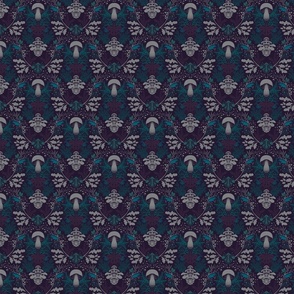 Mushroom forest damask wallpaper purple with turquoise small masks scale 