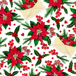 Watercolour Christmas pattern, holly, red poinsettia, red berries, white background.