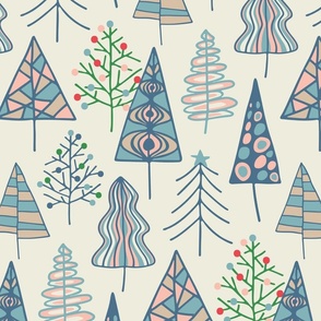 Christmas Trees Winter Holidays Doodle in Pastels - MEDIUM Scale - UnBlink Studio by Jackie Tahara