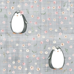 pink rose penguin grey linen