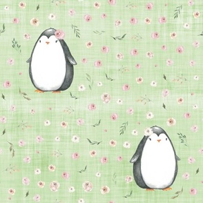 pink rose penguin green linen