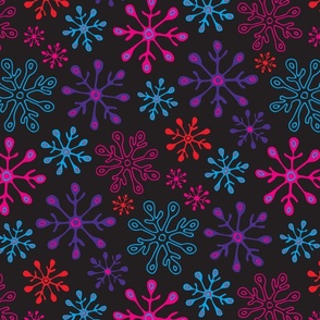 Snowflakes Winter Holiday Christmas in Non-Traditional Fuchsia Pink Blue Purple Red on Black - MEDIUM Scale - UnBlink Studio by Jackie Tahara