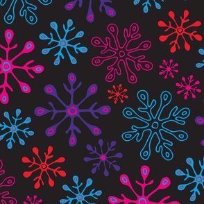 Snowflakes Winter Holiday Christmas in Non-Traditional Fuchsia Pink Blue Purple Red on Black - LARGE Scale - UnBlink Studio by Jackie Tahara