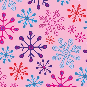 Snowflakes Winter Holiday Christmas in Non-Traditional Fuchsia Pink Blue Purple Red on Light Pink - LARGE Scale - UnBlink Studio by Jackie Tahara