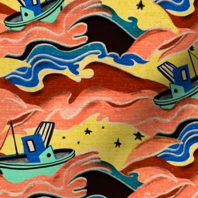 Sunset colours Art Deco Boats on stormy seas large